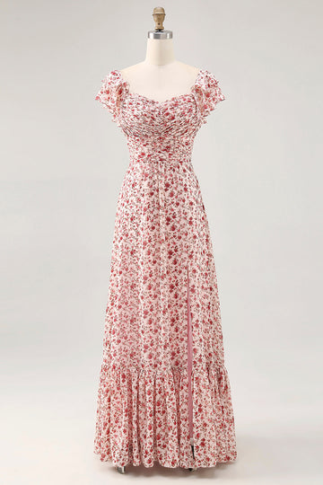 Blush Flower Printed Ruffled A Line Long Bridesmaid Dress with Slit